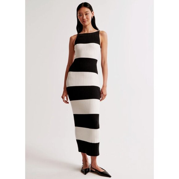 Abercrombie High Neck Midi Sweater Dress Black White Striped Size Large - Picture 1 of 7